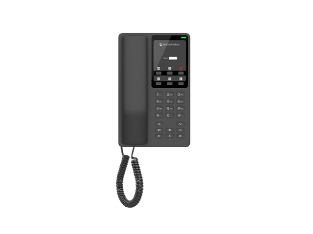Grandstream GHP621W, Черные компактные отельные IP-телефоны, 2 линии, 2 учетных записи SIP, Один порт Ethernet 10/100 Mбит/с, Порт USB Type-C для зарядки внешних устройств, БП включен.