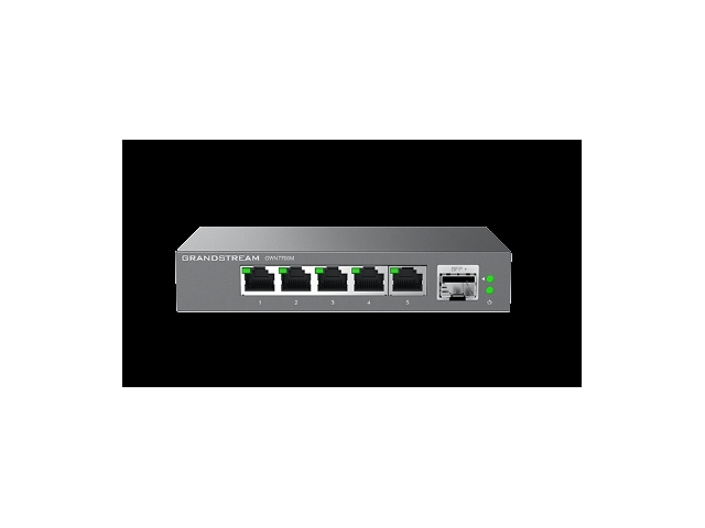Grandstream GWN7700M, Неуправляемый 2.5G Мультигигабитный сетевой коммутатор, 5x 2,5GbE RJ45, 1x SFP+, металлический корпус, 12V/1A блок питания